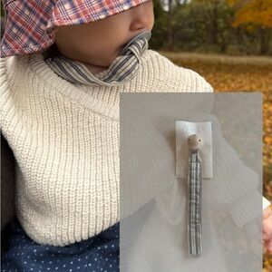 FLORA navy blue and khaki striped pacifier clip, wooden clip